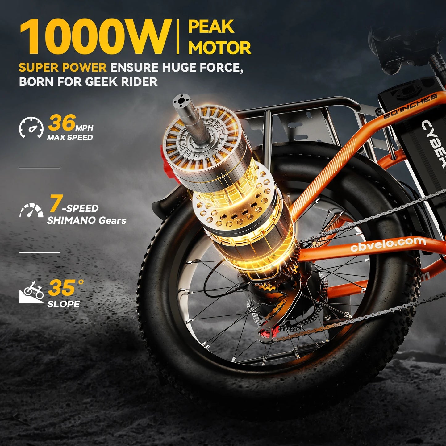 CYBERVELO Folding Electric Bike 1000W 48V Battery 80 Miles