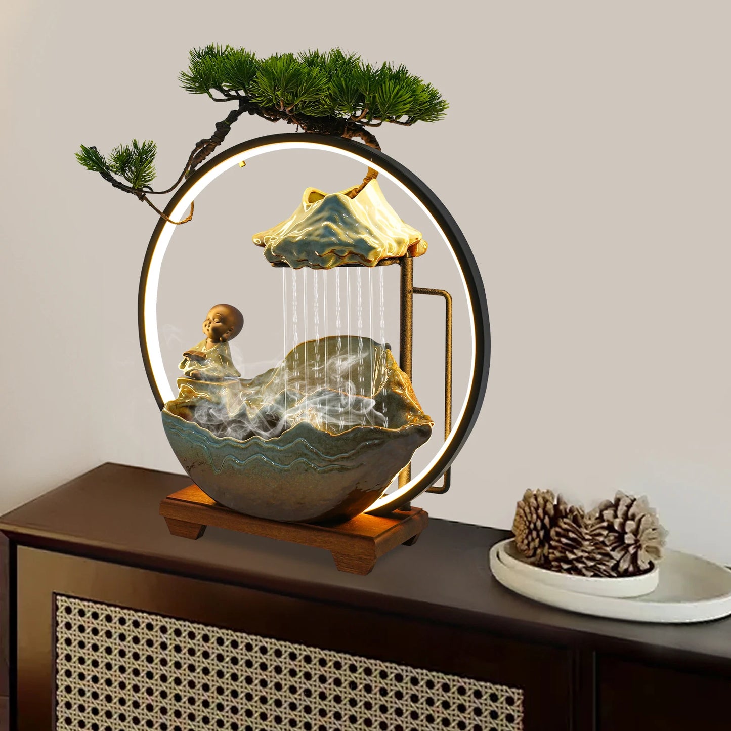 Bymaocar Modern Ceramic Wood Desktop Water Fountain