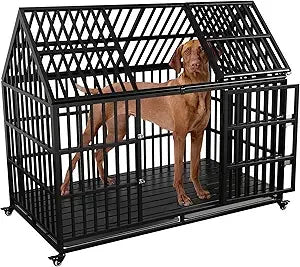 MKDK Heavy Duty Dog Crate Metal Kennel With Roof Lockable